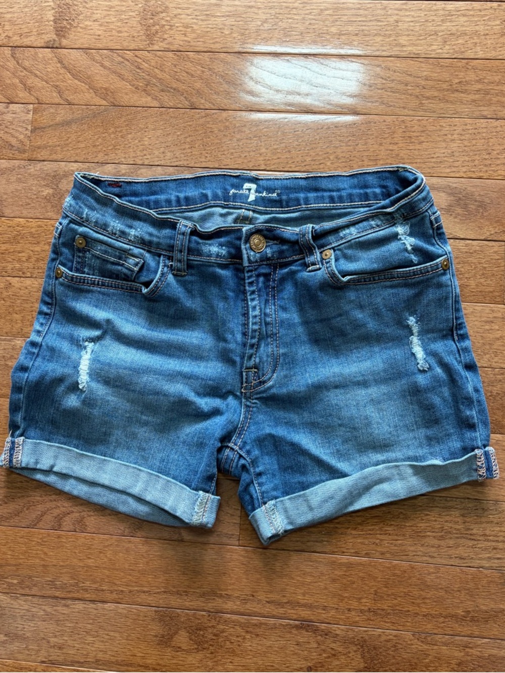 7 For All Mankind Blue Distressed Cuffed Denim Shorts